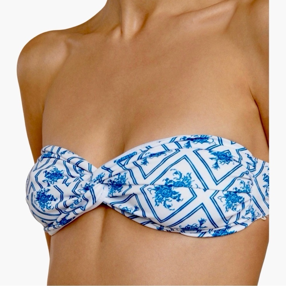 NWT CAROLINE CONSTAS Blue Toile Evie Bandeau Bikini Top Mykela Bikini Bottom LG - Picture 2 of 16